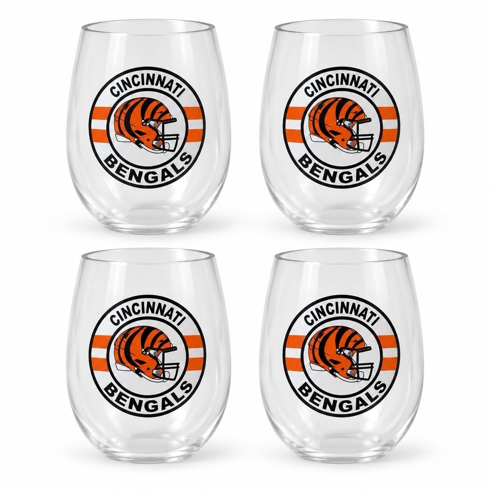 Cincinnati Bengals Clear Plastic Stemless Tumblers Set of 4 NFL Game Day
